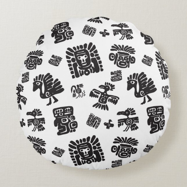 Seamless maya pattern. Black and white ethnic elem Round Cushion (Front)