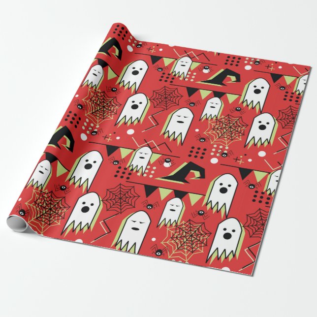 Seamless memphis geometric of ghost for halloween  wrapping paper (Unrolled)