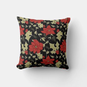 Seamless Merry Christmas red poinsettia green euon Cushion