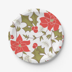 Seamless Merry Christmas red poinsettia green euon Paper Plate