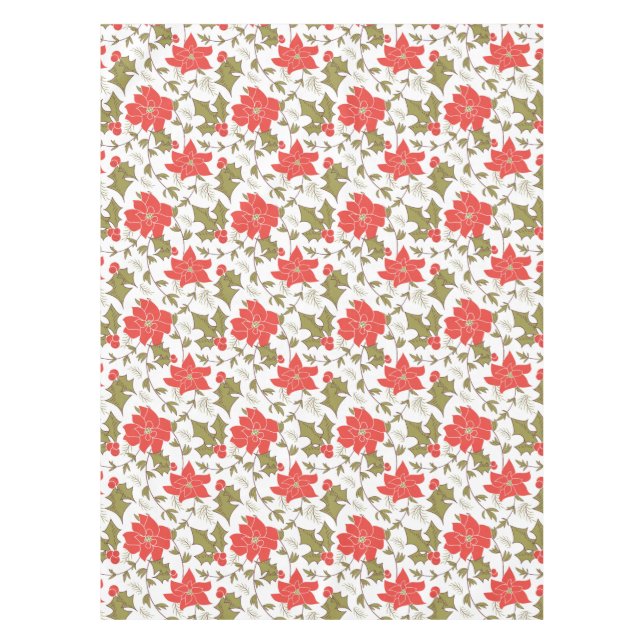 Seamless Merry Christmas red poinsettia green euon Tablecloth (Front)