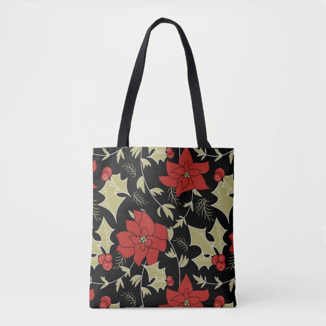 Seamless Merry Christmas red poinsettia green euon Tote Bag (Front)