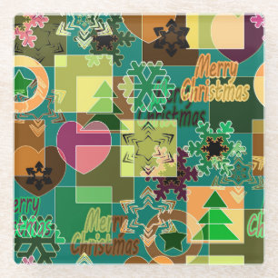 Seamless Merry Christmas Snowflake dark green colo Glass Coaster