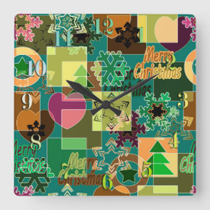 Seamless Merry Christmas Snowflake dark green colo Square Wall Clock