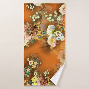 seamless mix flower on the orange background bath towel