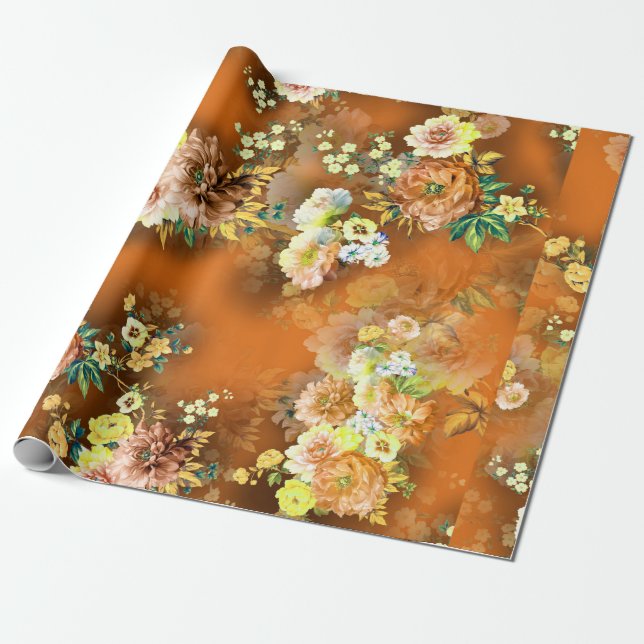 seamless mix flower on the orange background wrapping paper (Unrolled)