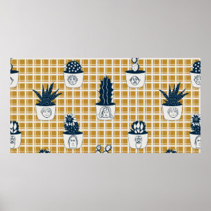 Seamless modern pattern with potted cacti, cute fa poster