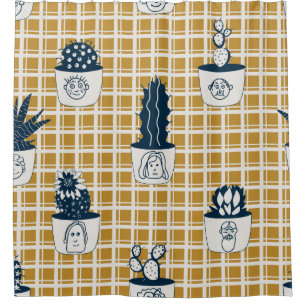 Seamless modern pattern with potted cacti, cute fa shower curtain