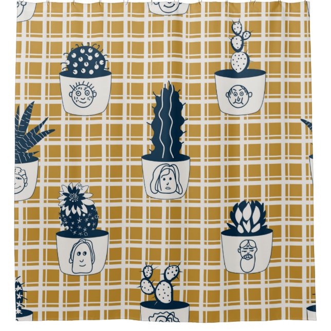 Seamless modern pattern with potted cacti, cute fa shower curtain (Front)