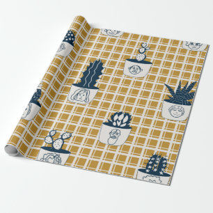 Seamless modern pattern with potted cacti, cute fa wrapping paper