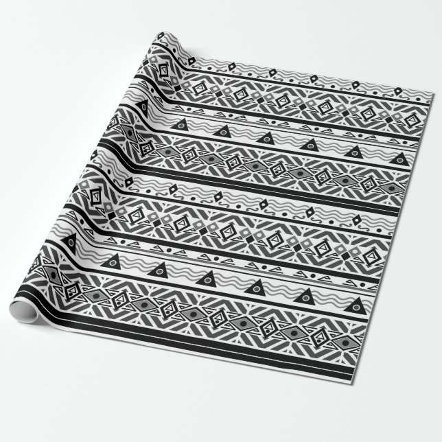 Seamless monochrome folk ethno pattern background wrapping paper (Unrolled)