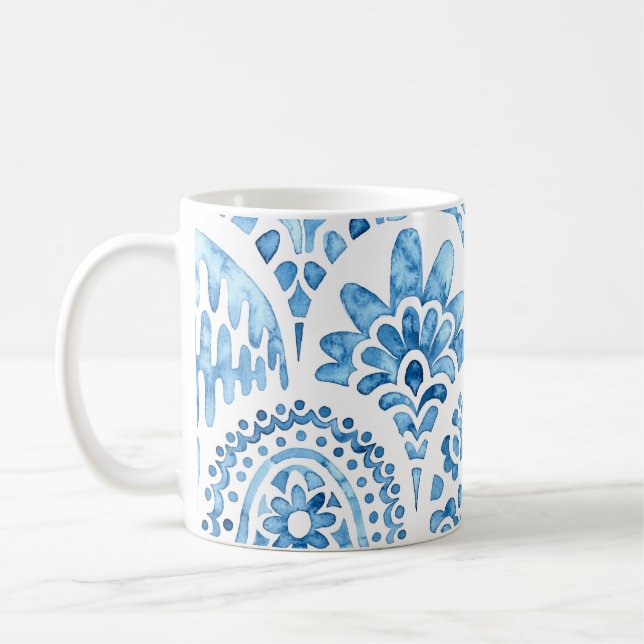 Seamless moroccan pattern. Wavy vintage tile. Blue Coffee Mug (Left)