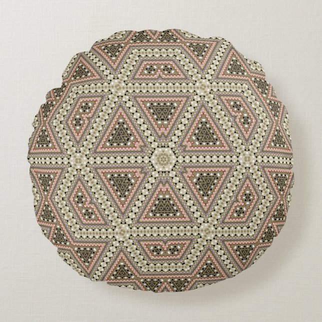 Seamless mosaic abstract kaleidoscope beige triang round cushion (Front)