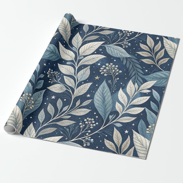 Seamless Night Garden Botanical Pattern Wrapping Paper (Unrolled)