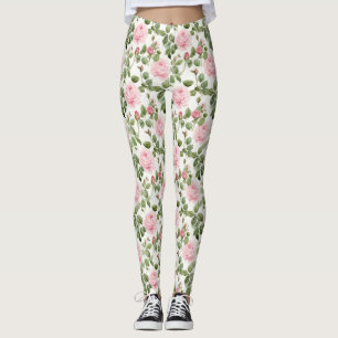 Seamless Of Pink Roses with Green Leaves Leggings