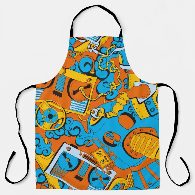 Seamless old school pattern, robots and tapes apron (Front)