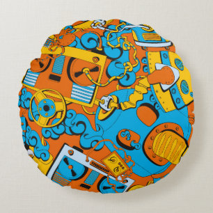 Seamless old school pattern, robots and tapes round cushion