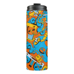 Seamless old school pattern, robots and tapes thermal tumbler