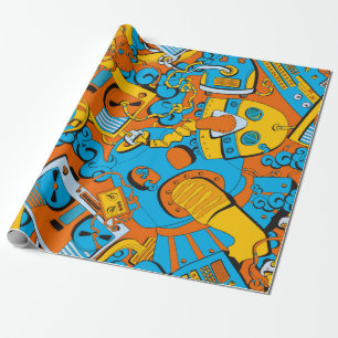Seamless old school pattern, robots and tapes wrapping paper
