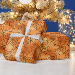 Seamless Orange Foil and Black Cobwebs Halloween Wrapping Paper