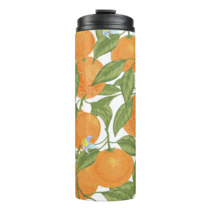 Seamless orange mandarin tangerine with leaves and thermal tumbler
