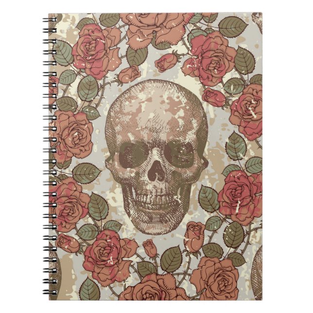 Seamless ornament in a retro style with skulls and notebook (Front)