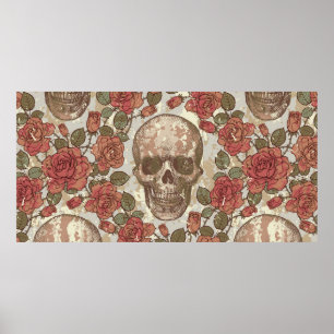 Seamless ornament in a retro style with skulls and poster