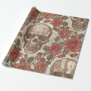 Seamless ornament in a retro style with skulls and wrapping paper