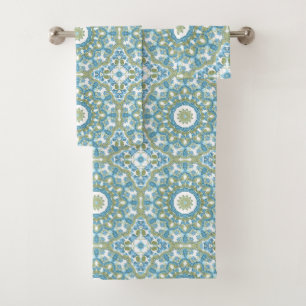Seamless ornamental blue green white decor decorat bath towel set