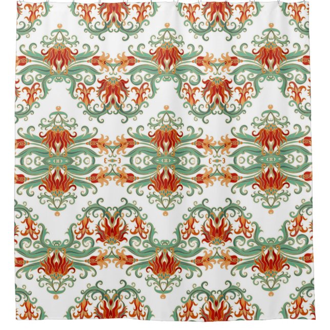 Seamless ornamental pattern with stylised red flow shower curtain (Front)