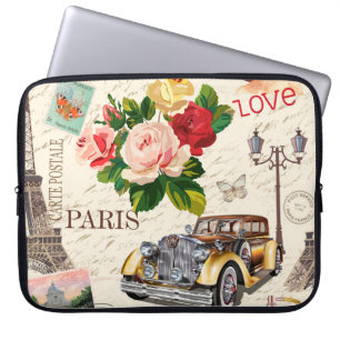 Seamless Paris vintage background with retro car, Laptop Sleeve
