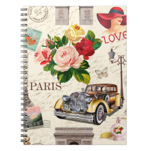 Seamless Paris vintage background with retro car,  Notebook