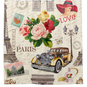 Seamless Paris vintage background with retro car,  Shower Curtain