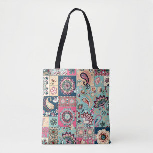 Seamless patchwork background with paisley and flo tote bag