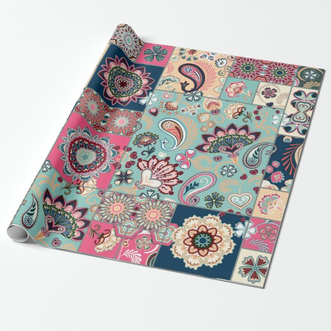 Seamless patchwork background with paisley and flo wrapping paper (Unrolled)