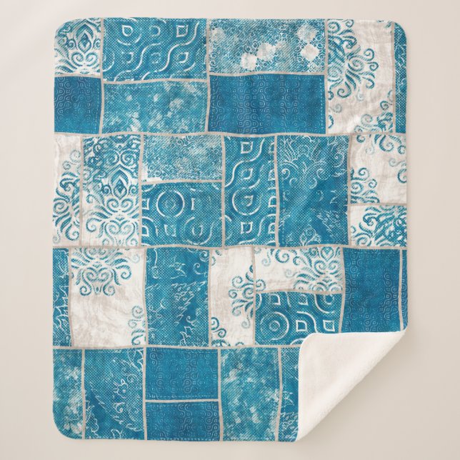 Seamless patchwork collage mix quilt pattern print sherpa blanket (Front)