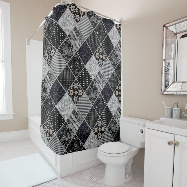 Seamless patchwork monochrom black grey white patc shower curtain (In Situ)