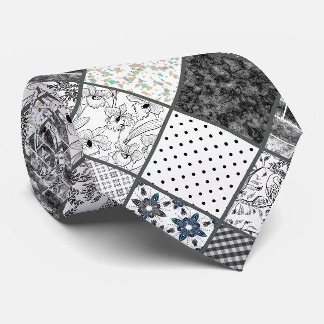 Seamless patchwork monochrom black grey white patc tie (Rolled)