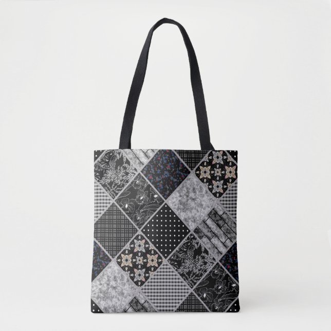 Seamless patchwork monochrom black grey white patc tote bag (Front)