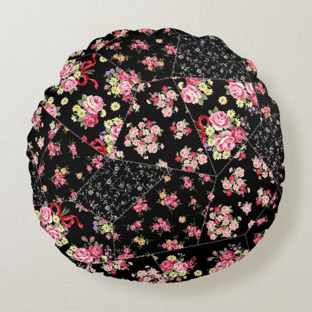 Seamless patchwork of pretty floral design round cushion (Front)