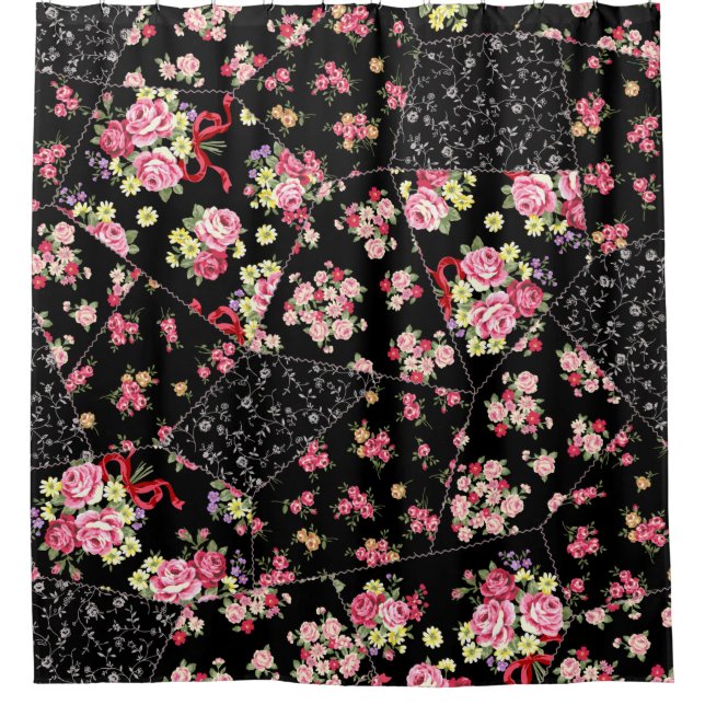 Seamless patchwork of pretty floral design shower curtain (Front)