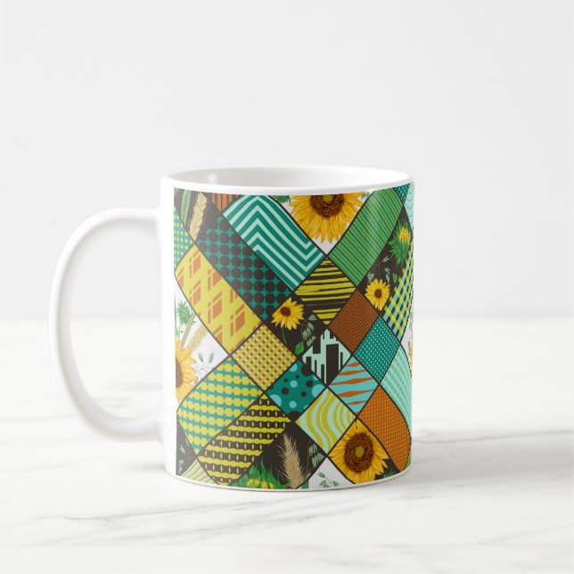 Seamless patchwork pattern with cereals, sunflower coffee mug (Left)