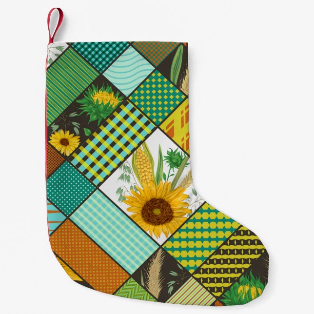 Seamless patchwork pattern with cereals, sunflower small christmas stocking (Front)