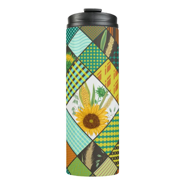 Seamless patchwork pattern with cereals, sunflower thermal tumbler (Front)