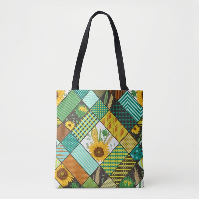Seamless patchwork pattern with cereals, sunflower tote bag (Front)