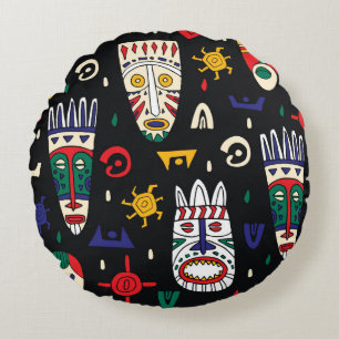 Seamless pattern african tribal masks round cushion