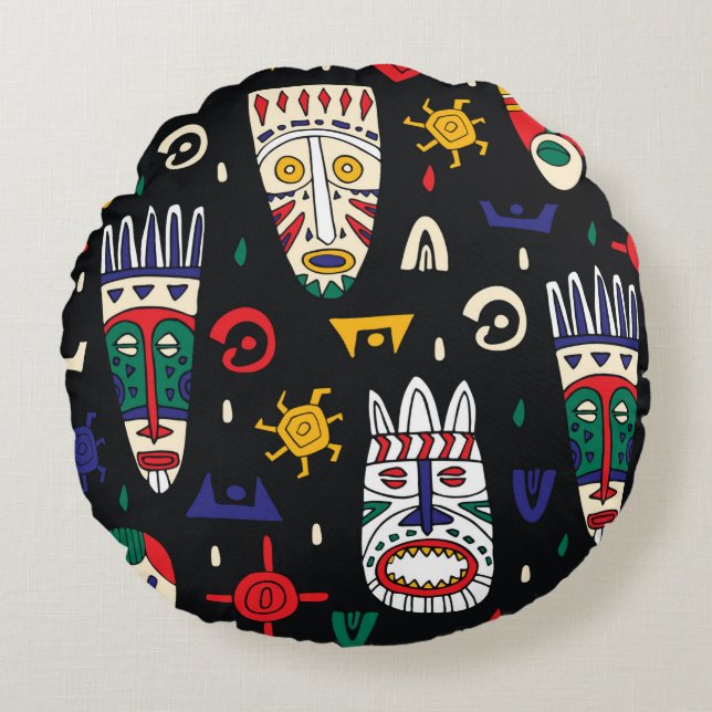 Seamless pattern african tribal masks round cushion (Front)