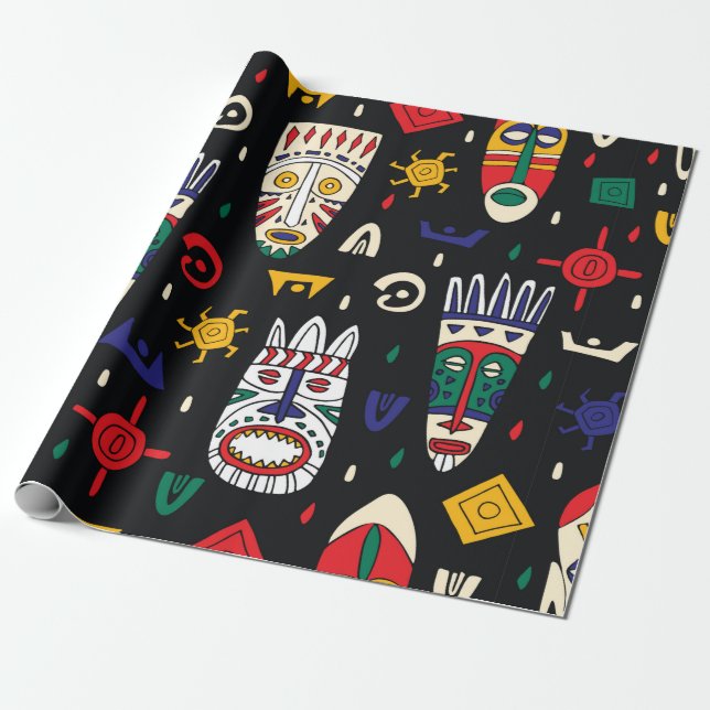 Seamless pattern african tribal masks wrapping paper (Unrolled)