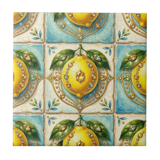 Seamless Pattern Art Deco Lemons and Diamonds Ceramic Tile (Front)