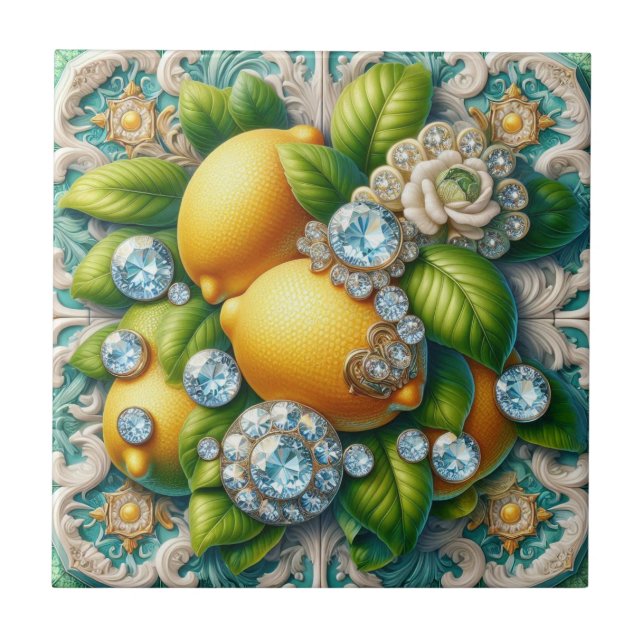 Seamless Pattern Art Deco Lemons and Diamonds Ceramic Tile (Front)